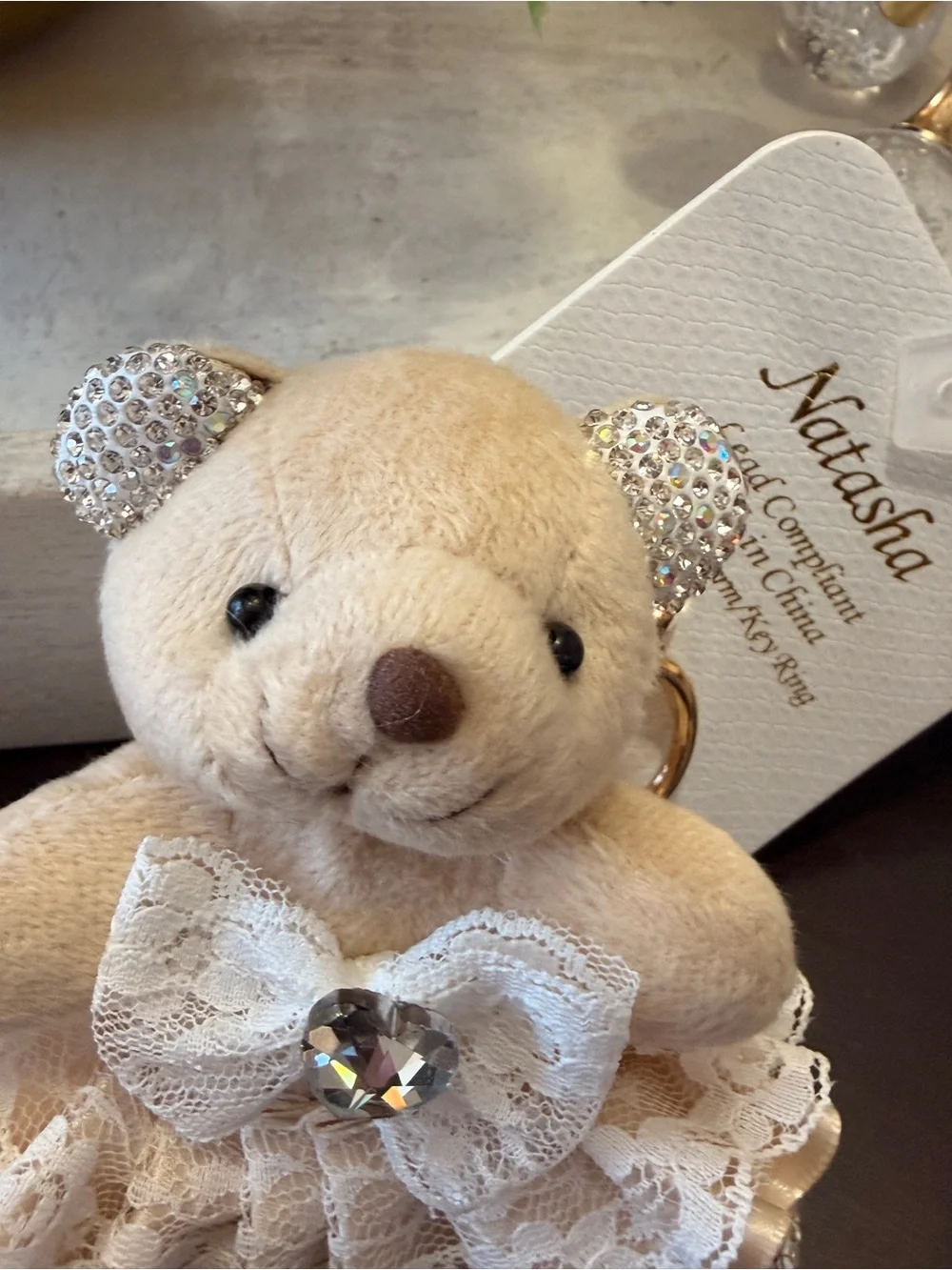 Natasha Couture Cream Teddy Keychain with Crystal Accents